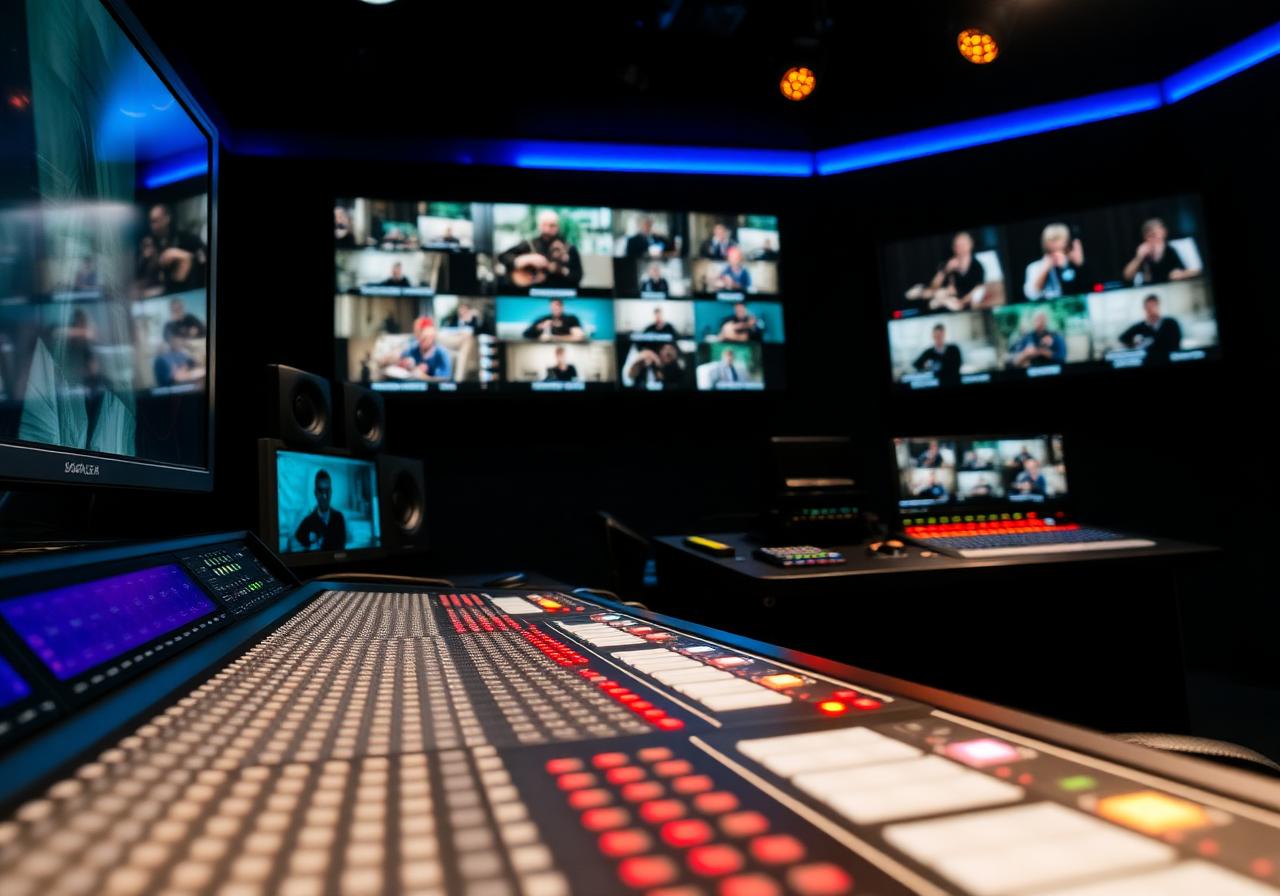 Mesa de controle e monitores multicam