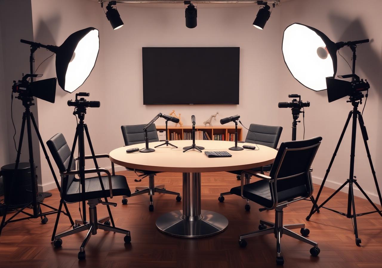 Plano aberto do estúdio com mesa redonda